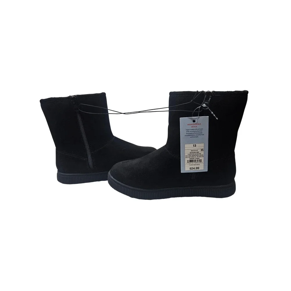 NWT Cat & Jack Holland Black Faux Suede Faux Fur Lined Zip Boots Girls Size 13